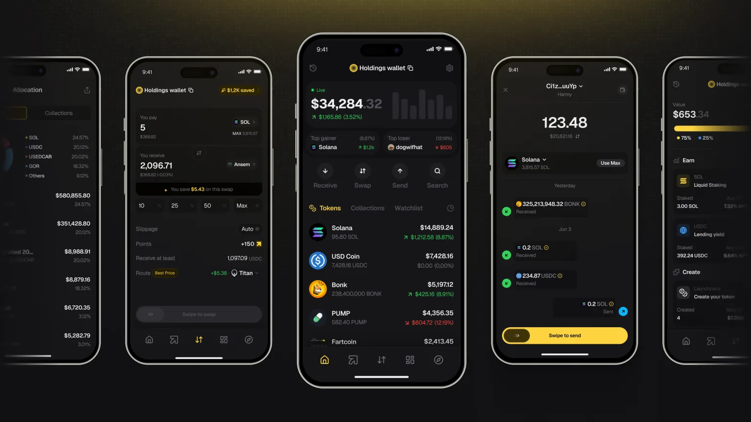 Aurus running across five phones: allocations, a swap, holdings, a transfer, and earn